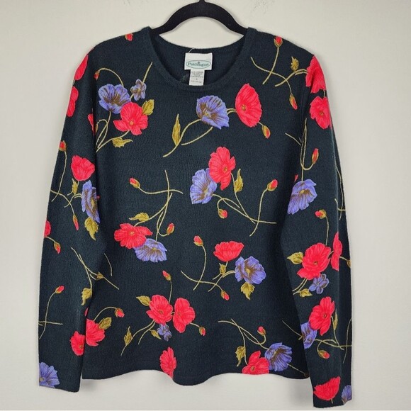 Patchington Floral Sweater Black Soft Acrylic Knit Pullover Top Crew Neck Size M - Picture 13 of 13